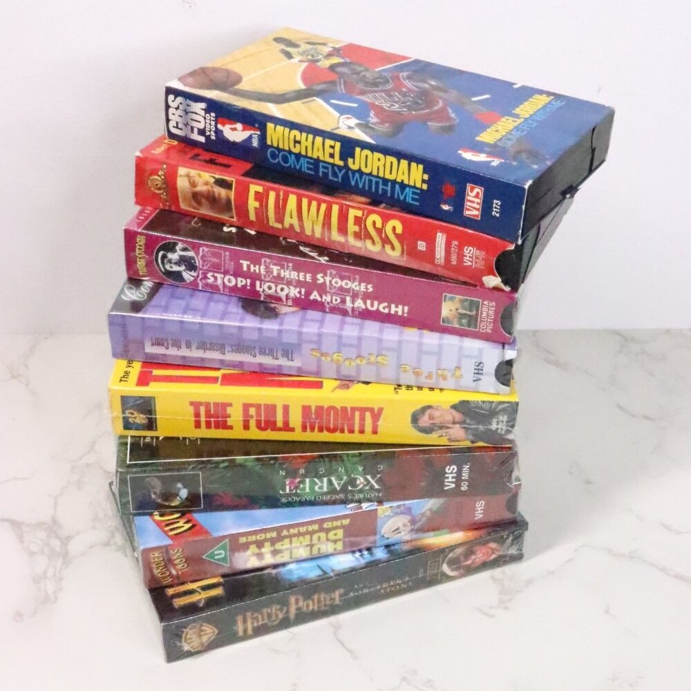8pc Vintage 90s VHS Tape Mixed Movie Bundle Lot - Stooges, Harry Potter, NBA